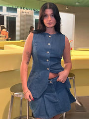 Aiertu - 2025 Spring New Denim Mini Pleated Skirt Sets For Women Single Breasted Tank Tops Y2K Short Skirt 2 Pieces Sets Lady Chic Outfit Aiertu