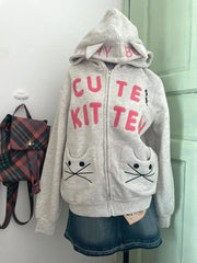 Aiertu - American Street Cartoon Cat Embroidered Cardigan Hooded Warm Top for Women Y2k Harajuku Loose Design Zipper Cat Ear Coat Ins Aiertu