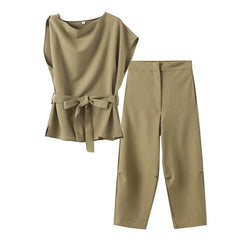Aiertu - Linen Lace-up Belt Top Pants Set Women Irregular Sleeveless O-neck Tops Zipped Pocket Trousers 2026 Summer Lady Elegant Outfits Aiertu