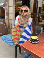 Aiertu - Casual Knitted Colorful Stripes Sweater Women Fashion O Neck Puff Long Sleeves Short Pullover Autumn Lady High Street Jumper Aiertu