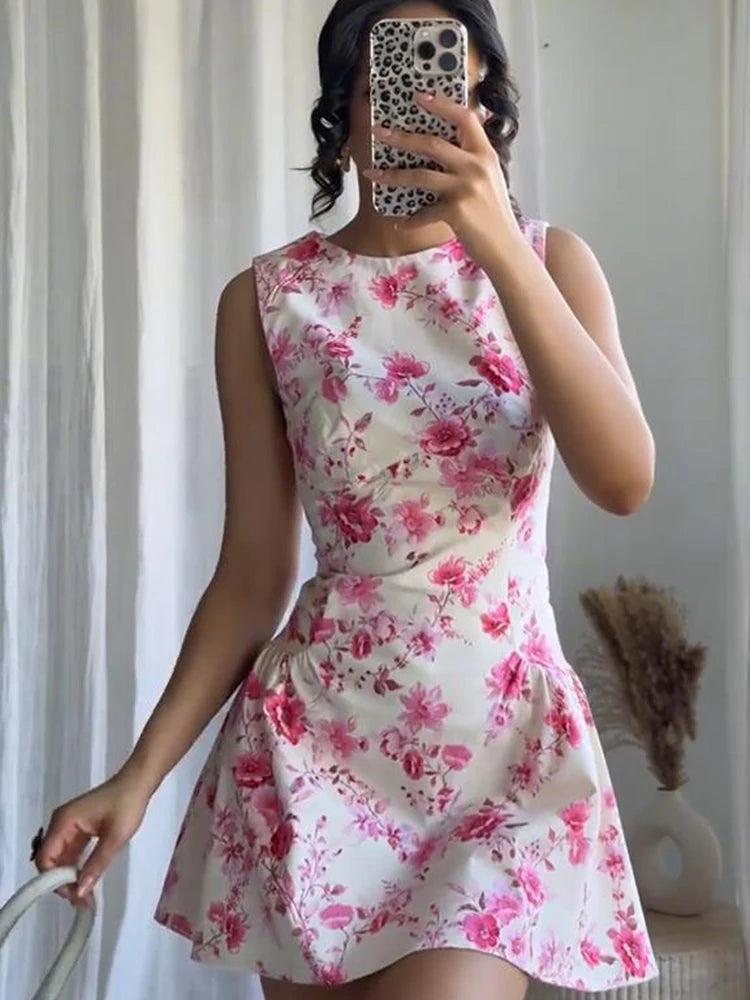 Aiertu - Sweet Printed Party Dress Women O-neck Sleeveless Pleated A-line Mini Dresses Female 2025 Spring Summer Fashion Print Lady Robe Aiertu