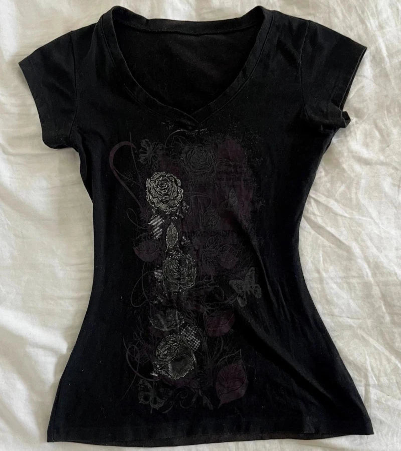 Aiertu Summer All Match Luxury Flower Print V Neck Short Sleeve Shirt American Popular Vintage Tops Slim Waist Women Y2k Aesthetic Tee Aiertu