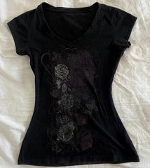 Aiertu Summer All Match Luxury Flower Print V Neck Short Sleeve Shirt American Popular Vintage Tops Slim Waist Women Y2k Aesthetic Tee Aiertu