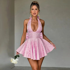 Aiertu - Jacquard Bow Deep V Neck Backless Mini Dress Sexy Elegant Party Dresses for Women Clothing Summer 2025 Aiertu