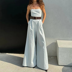 Aiertu - Temperament Women Strapless Rompers 2025 Spring Off-shoulder Backless High-waist Folds Jumpsuits Wide Leg Pants With Belted Aiertu