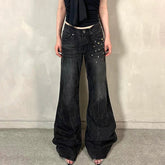 Aiertu - Grunge Aesthetic Flare Jeans Rivet Detail Y2K Fashion Retro Loose Fit Denim Pants High Street Punk Trousers Spring Aiertu