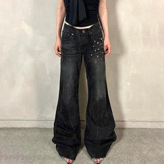 Aiertu - Grunge Aesthetic Flare Jeans Rivet Detail Y2K Fashion Retro Loose Fit Denim Pants High Street Punk Trousers Spring Aiertu