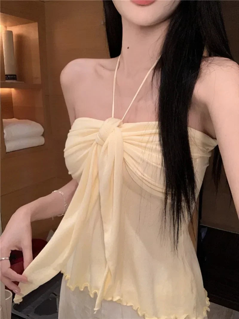 Aiertu - Sweet Hot Girl Sexy Knitted Halter Neck Top Women's Summer Slim Fit Backless Lace-up Strapless Vest Top Fashion Female Clothes Aiertu