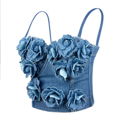 Aiertu - 2025 Women's Handmade 3D Floral Denim Corset Bra Top Fishbone Bustier No Elasticity Push Up Bra Sexy Bralette Lingerie Aiertu