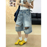 Aiertu - Women's Ripped Denim Shorts American Vintage Knee Length Jean Shorts Streetwear Oversize Cowboy Short Pants 2000s Clothes Summer Aiertu