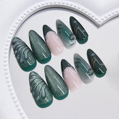 Aiertu - 24PCS Green Cat Eye Press on Nails 3D Ripples with Stars Design French Fake Nails for Women Acrylic Patch Wearable Nail Tips Art Aiertu