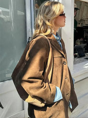 Aiertu - Woman Fashion Brown Lapel With Pocket Jacket Vintage Single Breasted Long Sleeve Short Coat Autumn Lady High Street Outerwear Aiertu