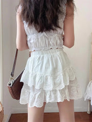 Aiertu - Summer Korean fashion mini skirts kawaii vintage clothes cute white lace skirts for woman high waist ruffle skirts embroideryed Aiertu