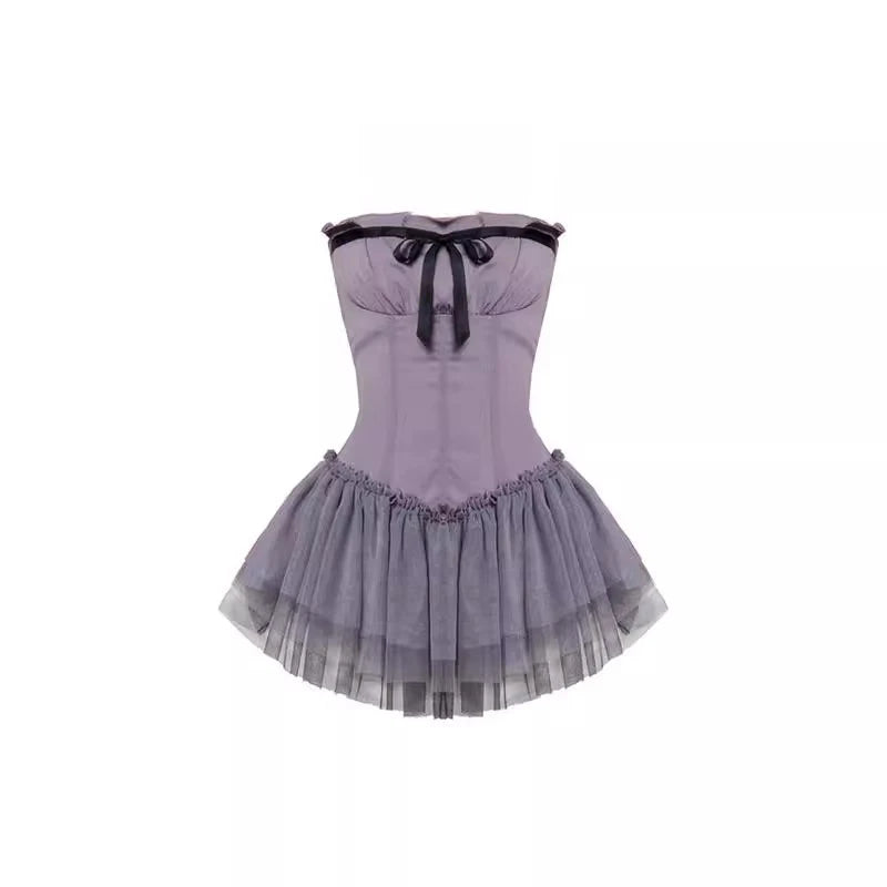 Aiertu Bowknot Mini Dress Pumpkin Pants Set Women Strapless Shirred Corset Tulle Tutu Gown Bloomers Balletcore Summer Clothes Aiertu