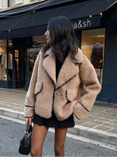 Aiertu - Women Contrasting One Button Lamb Woolen Coat Fashion Lapel Long Sleeves Short Plush Jacket Autumn Casual Lady Street Outwear Aiertu
