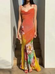 Aiertu - 2026 Summer Sexy Backless Flower Printed Long Slip Dress Streetwear Women's Sleeveless High Waist Bodycon Holiday Party Dresses Aiertu