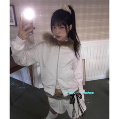 Aiertu - Autumn\winter Black Zip Up Fur Patchwork Design Hoodies Fashion Warm Short Slimming Korean Style Sweatshirts Y2k Long Sleeved Aiertu