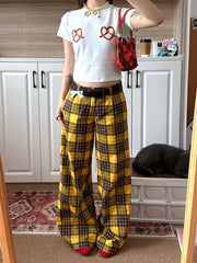 Aiertu - Retro Checkered Wide Leg Pants for Women Yellow Color Block Pockets High Waist Straight Wide Leg Sweatpants Daily Wear Aiertu