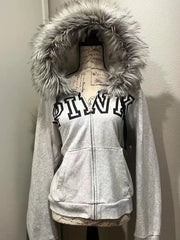 Aiertu - Zip Up Black Classic Style Oversizeds Fur Collar Letter Casual Hoodies New Women Vintage Dressing Up Sweatshirts Anime Cardigan Aiertu