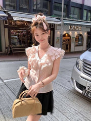 Aiertu - Y2k Aesthetic Sweet Polka Dot Women Blouse Vintage Single Breasted Blusas Lace Patchwork Fairy Summer Feifei Sleeves Grunge Tops Aiertu