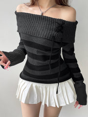 Aiertu - summer inspo Off Shoulder Slim Knitted Stripe Jumper Women Lace-Up Slash Neck Long Sleeve Sweater Tee Korean Fashion Street Knittwear Aiertu