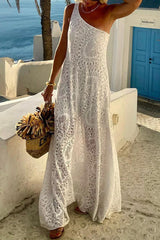 Aiertu -Sexy Solid Color Lace Slit Sloping Shoulder Long Dresses aiertu