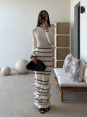 Aiertu - Women's Ruffle Edge Tight Knit Long Dresses Elegant O Neck Long Sleeve Maxi Dresses 2026 New Female Knitwear Street Robes Aiertu