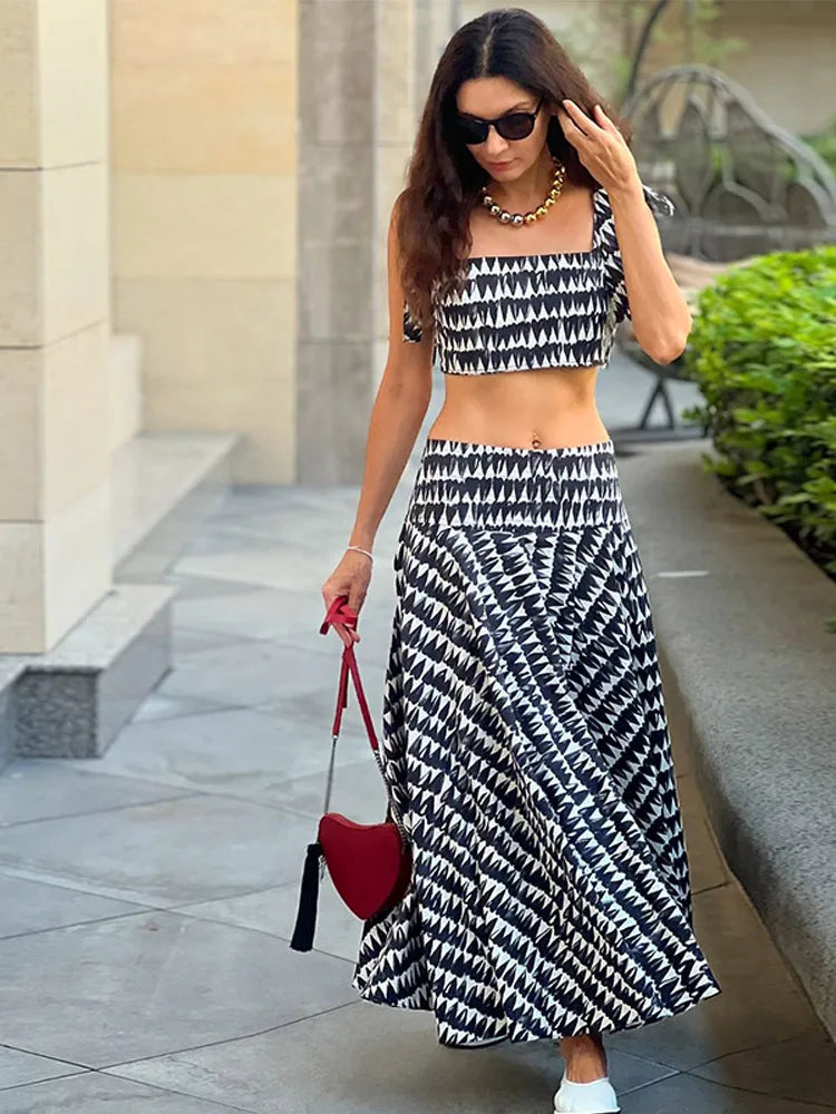 Aiertu - Women Bow Tie Print Skirt Set 2025 Summer A-line Sleeveless Strapless Top Skirts Sets Fashion Lady Street Square Neck Chic Suit Aiertu