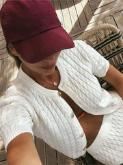 Aiertu - Round Neck Slim Fit Knitted Sweater Cardigan Short Sleeved Knitwear Slimming Thread Twist Comfort Top Women Fashion Autumn New Aiertu
