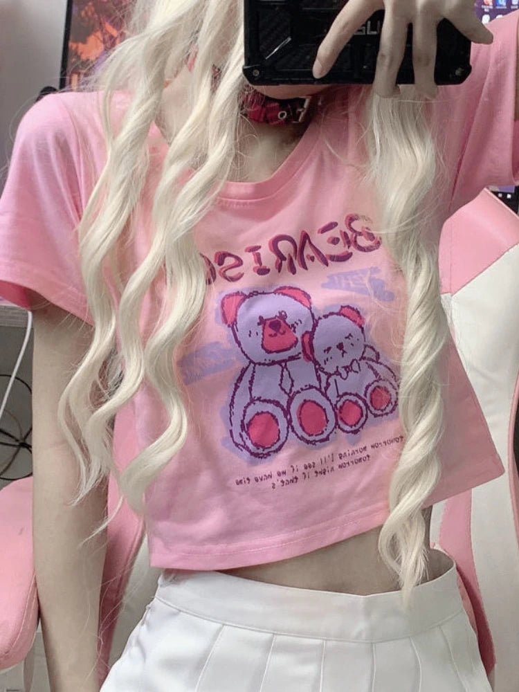 Aiertu - Kawaii Short Tshirt for Women Bear Sexy Crop Tops Cartoon Vintage Y2k Graphic T Shirts Japanese High Street Hot Girl Tee Aiertu