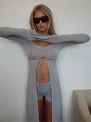 Aiertu - Fashion Vacation Summer Outfits 2pc Lace-up Knit Long Cardigan Top And Tight Shorts Set Spring Chic Sexy Beach Tees Pant Set New Aiertu