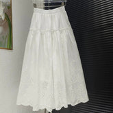 Aiertu - Embroidered Hollow Out White Midi Skirt Women Elastic Waist Chic Simple Long Skirts Elegant Fashion Casual A-line Skirt 2025 New Aiertu