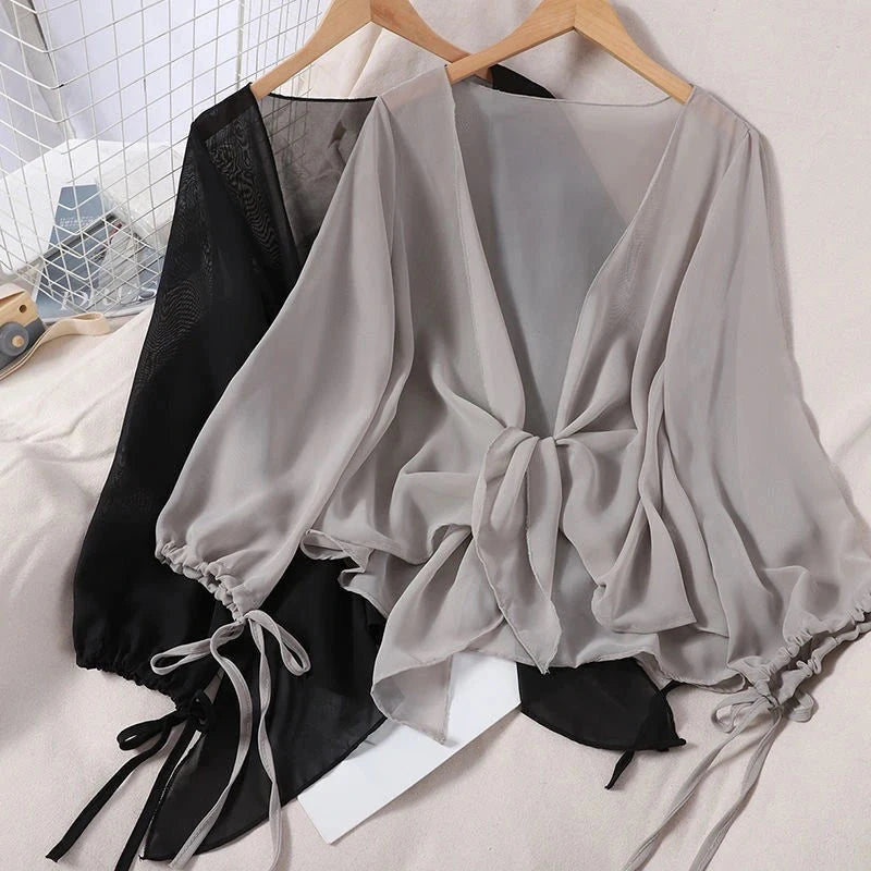 Aiertu Harajuku Chiffon Shirts Women Solid Casual Sun Protection Cardigan Summer Loose All Match Thin Sunscreen Blouses Coat New Aiertu
