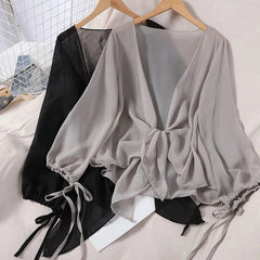 Aiertu Harajuku Chiffon Shirts Women Solid Casual Sun Protection Cardigan Summer Loose All Match Thin Sunscreen Blouses Coat New Aiertu