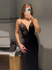 Aiertu - Deep V-neck Spaghetti Strap Midi Dress Women Sleeveless Backless Chic Zipper Lace Up Evening Dresses 2025 Summer Satin Robe Aiertu
