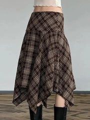 Aiertu -Vintage Plaid Contrast High-Waisted Asymmetrical Skirt aiertu