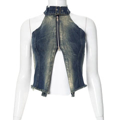 Aiertu - Halter Belt Sleeveless Blue Bodysuit Zipper Backless Worn Out Denim Camisole Crop Top Fashion Summer Club Wear Aiertu