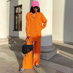 Aiertu - Causal Commuter Ladies Long Top Pants Set Streetwear Shirt Suit Big Wig Trousers Loose Two-piece Set Women Suit Festival Outfit Aiertu