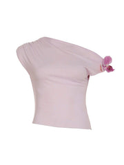 Aiertu -3D Floral One-Shoulder Ruched Crop Top aiertu