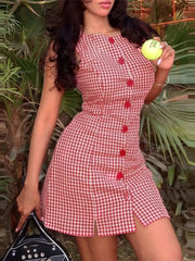 Aiertu - Round Neck Sleeveless Plaid Dress Woman Single Breasted Patchwork A-Line Short Dresses Casual Slim Women's Versatile Mini Dress Aiertu