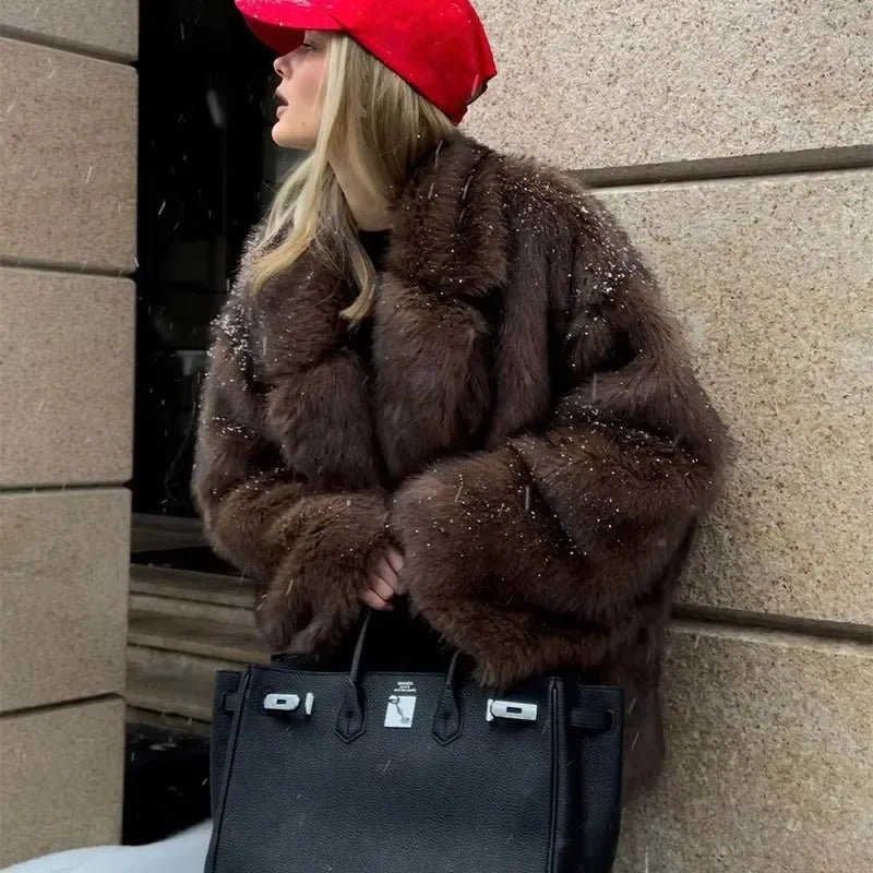 Aiertu - Winter Soft Hairy Luxury Faux Fur Coat Girls Oversized Gradient Overcoats Women Thick Warm Outerwear Fluffy Faux Fox Fur Jacket Aiertu