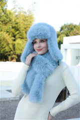 Aiertu - Hat Scarf Set Winter Warm Earmuffs Hat Girl Hat Natural Fluffy Plush Hat Leather Hat Шапка Женская Aiertu