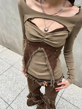 Aiertu - Punk Studded Denim Top Women Vintage Brown Color Block Patchwork Cut Out Corset Long Sleeve T-shirt Y2k Streetwear Aiertu