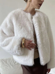 Aiertu - Elegant Faux Fur Solid Women Coat O Neck Loose Full Sleeve Female Jacket 2024 Fashion Autumn Winter Warm Thicken Lady Outwear Aiertu