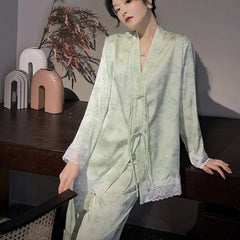 Aiertu - Women's Satin Pajama Set Long Sleeve Spring Autumn Ladies Sleepwear 2 Pcs with Pant Silk Like Lace Patchwork Pijama Suit Female Aiertu