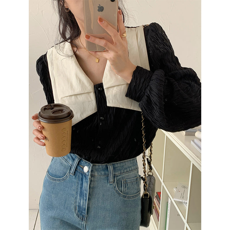 Aiertu Vintage Folds Shirts Women Elegant Patchwork Lantern Long Sleeve Blouses Korean Single Breasted Design Chic Casual Tops Aiertu
