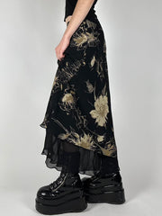 Aiertu - summer inspo Floral Print Two Layers Mesh Long Skirts For Women Vintage Elagant Fashion Low Waist Y2K Mermaid Skirt Vacation Aiertu