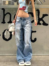Aiertu - Fashion Street Blue Washed Low Rise Straight Jeans Women Summer Retro New Loose Korean Street Casual Wide Leg Jeans Aiertu