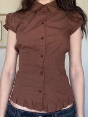 Aiertu - summer inspo American Retro Preppy Brown Shirts Women Button Up Turn Down Collar Puff Sleeve Shirring Pleated Hem Slim Casual Tops Aiertu