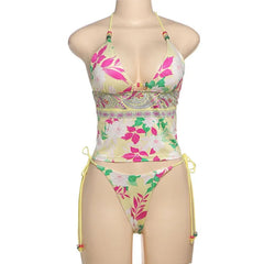 Aiertu - Print Beads Lace Up Holiday Beach 2 Piece Set 2026 Summer Women Sexy V-neck Halter Backless Camis Crop Top + Briefs Bathing Suit Aiertu